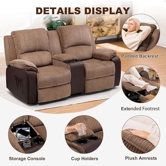 COMHOMA Double Reclining Sofa Chair, Power Lift Recliner Chair Loveseat with Storage Console, Recliner Sofa with Cup Holders Living Room Furniture (2 Seater) - LeafyLoom