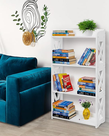 White Bookshelf, White Bookcase, 4 Tier Bookcase, Book Shelf from natural wood, Freestanding Display Storage Shelves Open Bookcase for Bedroom, Living Room and Office (4 Tier, White) - LeafyLoom