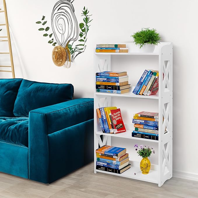 White Bookshelf, White Bookcase, 4 Tier Bookcase, Book Shelf from natural wood, Freestanding Display Storage Shelves Open Bookcase for Bedroom, Living Room and Office (4 Tier, White) - LeafyLoom