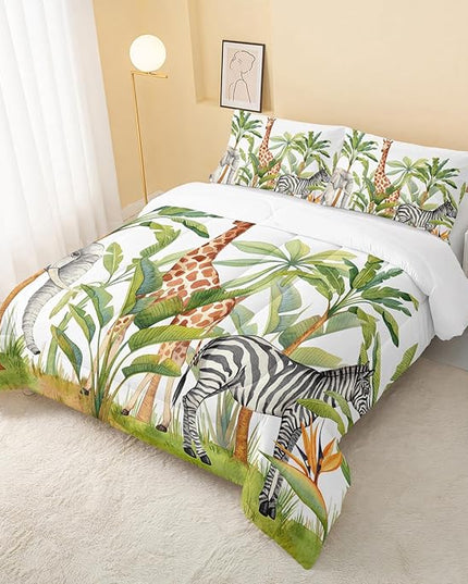 Wild Animal Comforter Twin Size,Elephant Giraffe Zebra Kids Comforter Set,3Pcs Bedding Set Printed Comforter with 2 Pillowcases,Down Alternative,Soft and Lightweight,for All Seasons - LeafyLoom