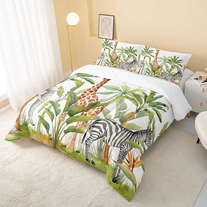 Wild Animal Comforter Queen Size,Elephant Giraffe Zebra Kids Comforter Set,3Pcs Bedding Set Printed Comforter with 2 Pillowcases,Down Alternative,Soft and Lightweight,for All Seasons - LeafyLoom