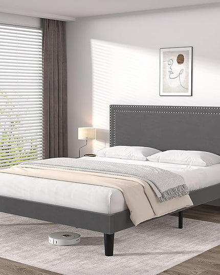 VECELO Queen Size Platform Bed Frame with Height Adjustable Upholstered Headboard, Modern Mattress Foundation,Strong Wood Slat Support, No Box Spring Needed, Easy Assembly - LeafyLoom