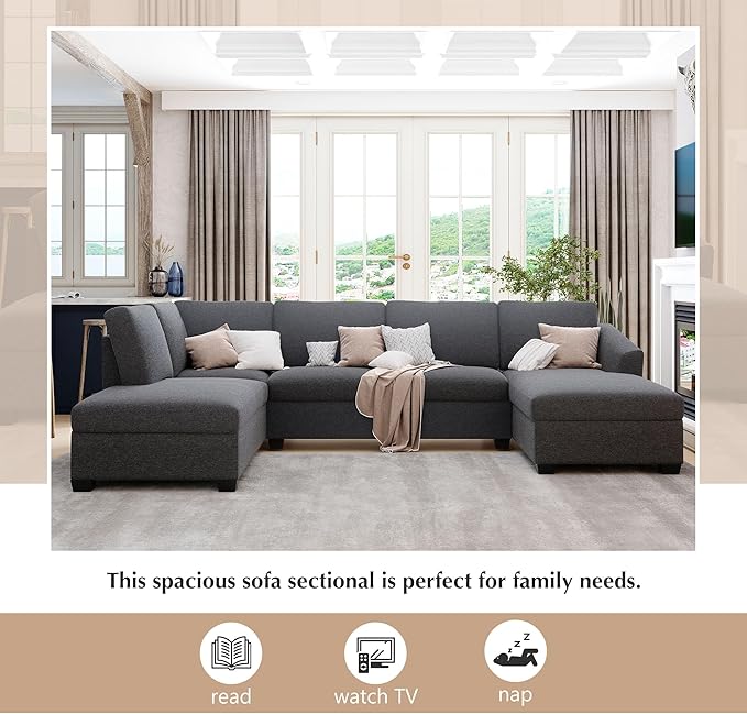 116.9" Modern Large U-Shape Sectional Sofa with Double Extra Wide Chaise Lounge, 4 Seat Oversized Upholstered Couch for Apartment, Home, Office, Living Room Furniture, Gray, 116.9 Inch - LeafyLoom