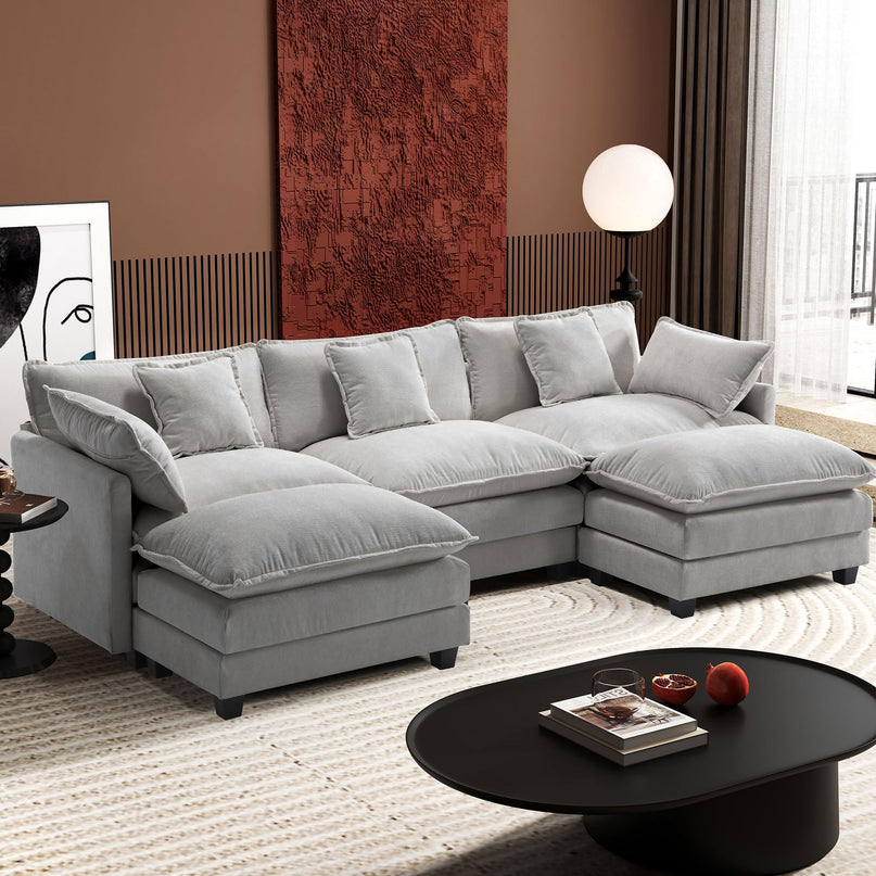 Ihanherry 111.4" L Shaped Modern Sofa Modular Sectional Cloud Couch with Ottoman, 4-Seat Chenille Deep Seat Sofa with Pillow for Living Room, Bedroom and Apartment, Beige LeafyLoom
