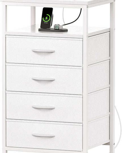 Night Stand with Charging Station, Multiple Drawer Dresser for Bedroom, Bedside Table, Tall Nightstand with PU Leather Finish, Open Shelf, End Table, for Closet, Entryway, Bedroom, White - LeafyLoom