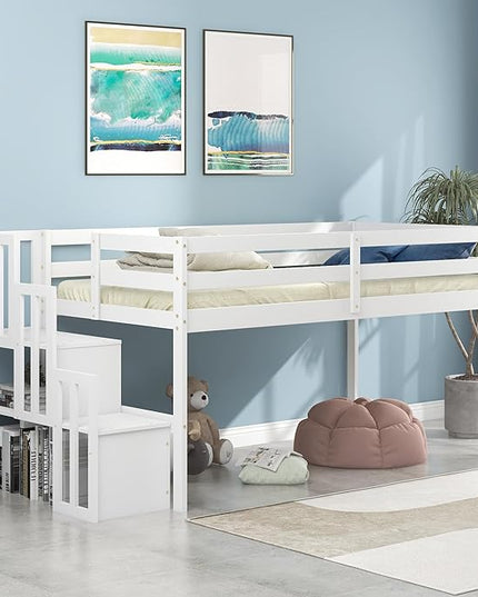 Bellemave Low Loft Bed for Kids,Twin Size Loft Bed with Storage Staircase,Wood Loft Bed Frame for Boys Girls Teens(White) - LeafyLoom