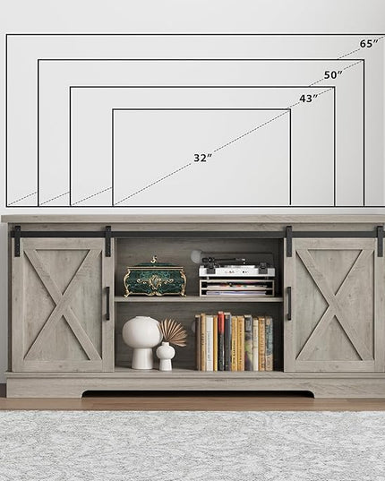 Entertainment Center for 65 Inch TV, Farmhouse TV Stand Media Console Table, Tall TV Stand with Sliding Barn Doors, Storage and Shelves, Wood TV Console Cabinet Furniture for Living Room, Grey - LeafyLoom