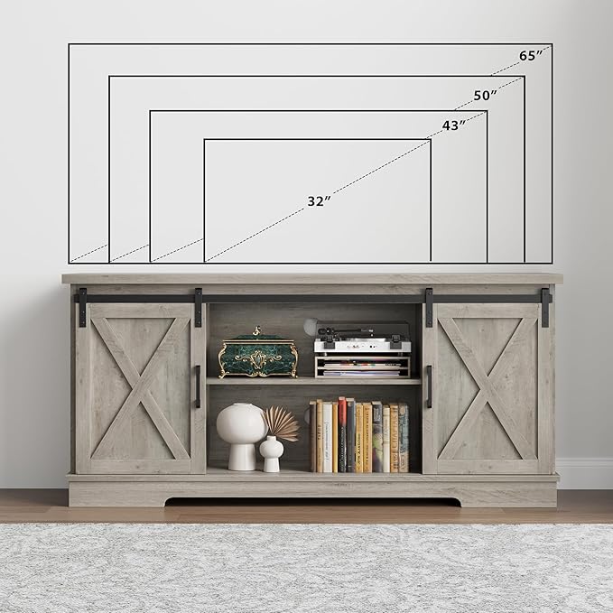 Entertainment Center for 65 Inch TV, Farmhouse TV Stand Media Console Table, Tall TV Stand with Sliding Barn Doors, Storage and Shelves, Wood TV Console Cabinet Furniture for Living Room, Grey - LeafyLoom