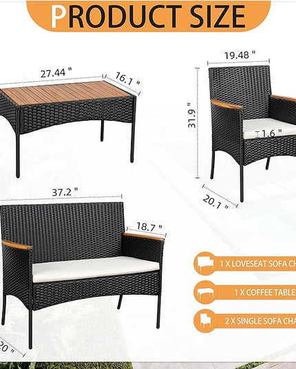 Shintenchi 4-Piece Patio Furniture Set, Outdoor Wicker Patio Conversation Furniture Set with Cushions and Wooden Tabletop for Paito Lawn Backyard, White Cushion - LeafyLoom