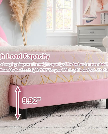 VECELO Kids Twin bed Frame with Upholstered Headboard, Princess Beds for Girls, 12 Wooden Slats Support, No Boxing Spring Needed - LeafyLoom