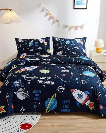 beeweed 2 Piece Kid Comforter Set Twin Size, Space Rocket Bedding Set for Teen Boys Girls - LeafyLoom