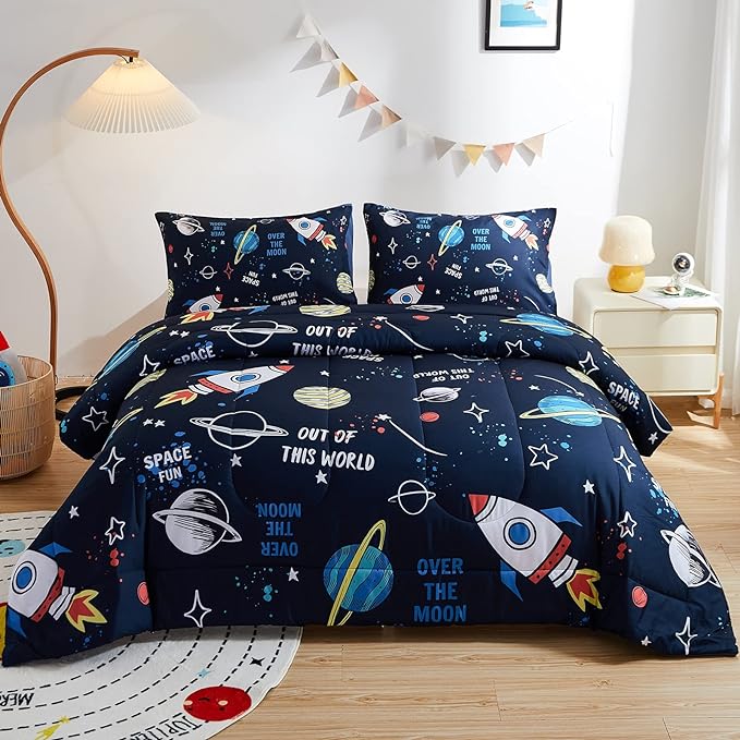 beeweed 2 Piece Kid Comforter Set Twin Size, Space Rocket Bedding Set for Teen Boys Girls - LeafyLoom