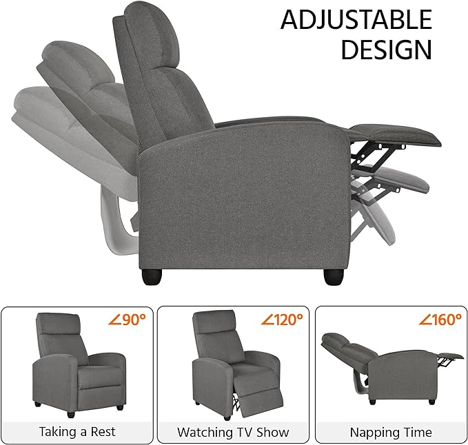 Yaheetech Fabric Recliner Chair Sofa Ergonomic Adjustable Single Sofa with Thicker Seat Cushion Modern Home Theater Seating for Living Room Matte Grey - LeafyLoom