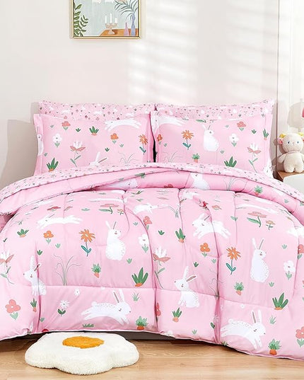 Mooreeke Bed in a Bag for Kids Girls Teens, 5 Pieces Twin Size Comforter Bed Set with Shams, Sheet Set, Rabbit Pink Super Soft Microfiber Kids Comforter Bedding Set - LeafyLoom