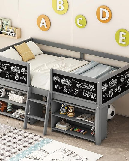 Twin Size Low loft Bed with Movable Shelves for Kids,Kids Low Loft Bed Frame with Guardrail Chalkboard and Storage,Solid Wood Loft Bed Twin for Boys,Girls(Gray) - LeafyLoom