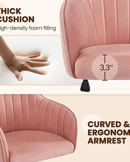 Yaheetech Velvet Vanity Chair Makeup Chair Cute Office Chair Aesthetic Desk Chair Height Adjustable Task Chairs 360° Swivel Computer Chair Living Room Chairs with Arms&Stainless Base Accent Pink - LeafyLoom