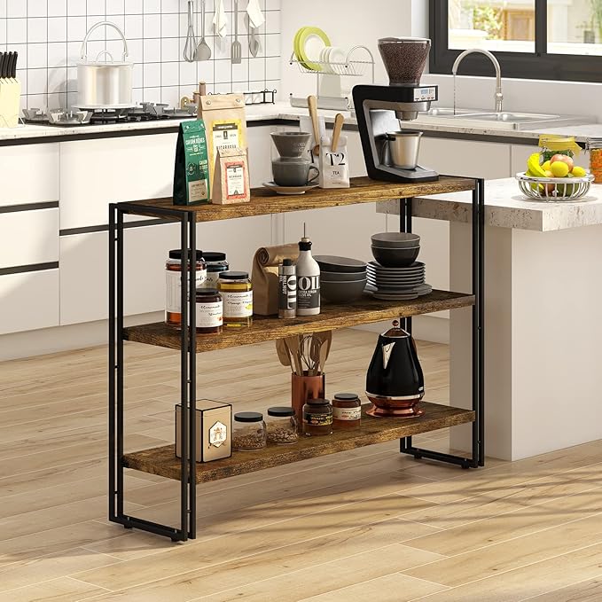 3-Tier Rustic Wood and Metal Industrial Bookcase - 40in, For Home Office, Bedroom, Kitchen, Bathroom - LeafyLoom