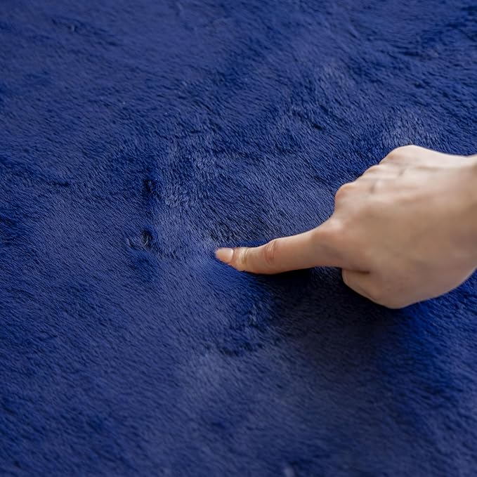 Faux Rabbit Fur Rug - 1.18" Thick Soft Fluffy Area Rug, Non-Slip Memory Foam Crawling Mat, Dark Blue, 78"x118" - LeafyLoom