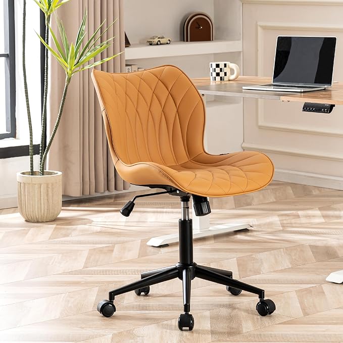 YOUNUOKE Office Desk Chair, Comfy Home Office Chairs, Small Comfortable Desk Chairs with Wheels, Armless PU Leather Chairs for Computer Conference, Camel - LeafyLoom