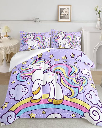 Axolotl Rainbow Unicorn Bedding Set Queen,Purple Unicorn Kids Comforter Sets with Stars Cloud for Girls,1 Quilt with 2 Pillowcases for Girls Kids Teens Children Adults Bedroom Decor All Season - LeafyLoom