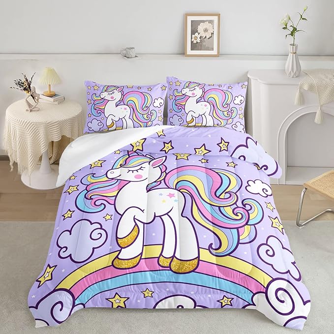 Axolotl Rainbow Unicorn Bedding Set Queen,Purple Unicorn Kids Comforter Sets with Stars Cloud for Girls,1 Quilt with 2 Pillowcases for Girls Kids Teens Children Adults Bedroom Decor All Season - LeafyLoom
