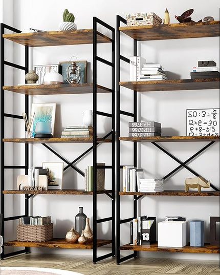 Shintenchi 2 Pieces 5 Tiers Bookshelf, Classically Tall Bookcase Shelf, Industrial Book Rack, Modern Book Holder in Bedroom/Living Room/Home/Office, Storage Rack Shelves for Books/Movies Brown - LeafyLoom