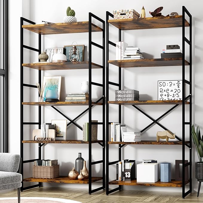 Shintenchi 2 Pieces 5 Tiers Bookshelf, Classically Tall Bookcase Shelf, Industrial Book Rack, Modern Book Holder in Bedroom/Living Room/Home/Office, Storage Rack Shelves for Books/Movies Brown - LeafyLoom