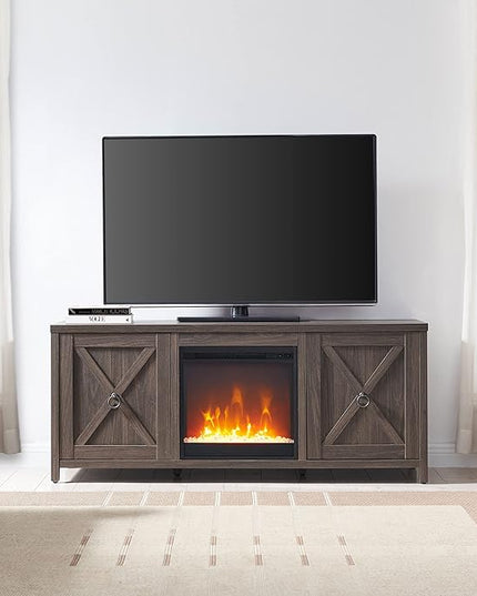 Henn&Hart Rectangular TV Stand with Crystal Fireplace for TV's up to 65" in Alder Brown, Electric Fireplace TV Stands for the Living Room - LeafyLoom