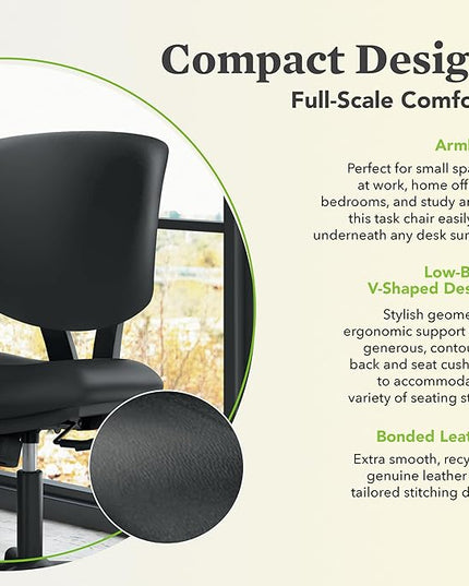 HON Volt Armless Task Seating, Computer Chair for Office Desk, Black SofThread Leather - LeafyLoom