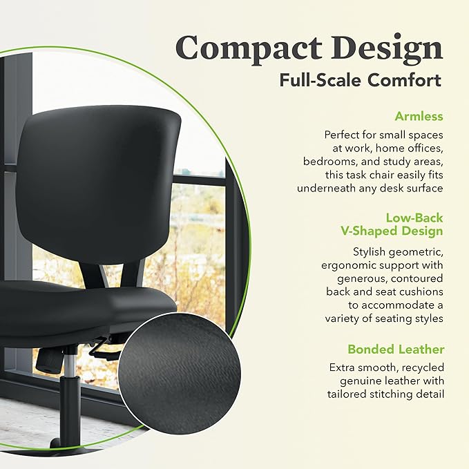 HON Volt Armless Task Seating, Computer Chair for Office Desk, Black SofThread Leather - LeafyLoom