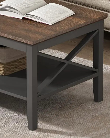 ChooChoo Oxford Coffee Table, Wooden Coffee Table with Thicker Legs, Black Coffee Table with Storage for Living Room - LeafyLoom