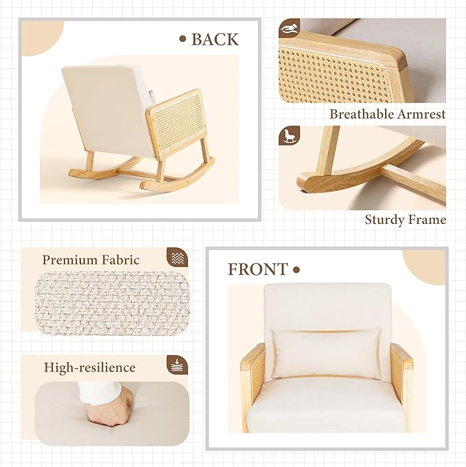 YESHOMY Mid-Century Accent Rocking Chair with Pillow Upholstered with Solid Frame & Breathable Armrest for Living Room, White - LeafyLoom