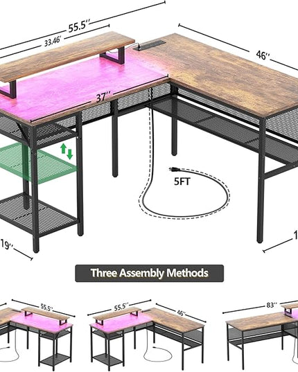 Unikito L Shaped Desk with Magic Power Outlets and Smart Strip Light, Reversible 55 Inch Corner Computer Desk with Monitor Stand, Unique Grid Design, Office Table with Storage Shelves, Rustic Brown - LeafyLoom