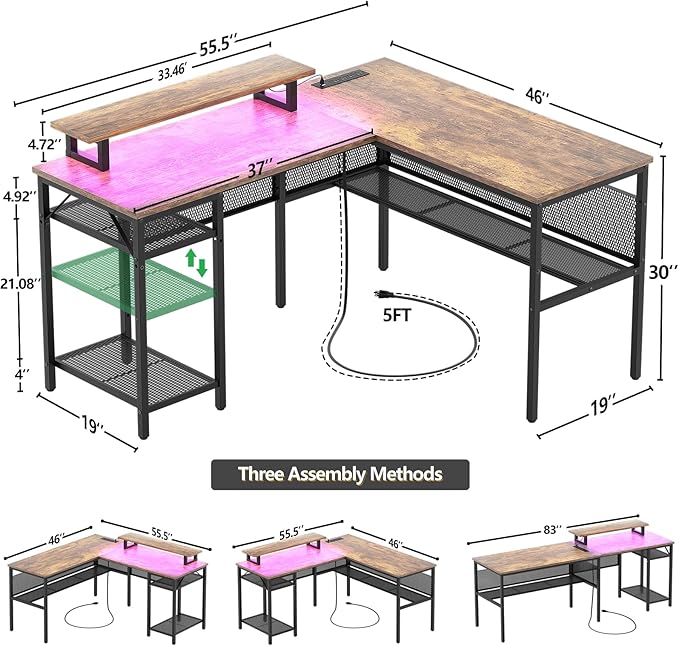 Unikito L Shaped Desk with Magic Power Outlets and Smart Strip Light, Reversible 55 Inch Corner Computer Desk with Monitor Stand, Unique Grid Design, Office Table with Storage Shelves, Rustic Brown - LeafyLoom
