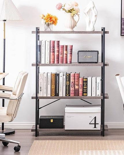 HCHQHS Bookshelf, 4-Tier Industrial Bookcase, Rustic Open Book Shelf, Freestanding Tall Bookshelves with Metal Frame - LeafyLoom