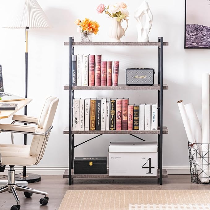 HCHQHS Bookshelf, 4-Tier Industrial Bookcase, Rustic Open Book Shelf, Freestanding Tall Bookshelves with Metal Frame - LeafyLoom
