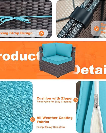 Patio Furniture Set with Fire Pit Table 13 PCS Outdoor Sectional Furniture Outdoor Rattan Patio Conversation Sets with 43in 55,000 BTU Propane Gas Fire Pit Table Glass Table, Blue - LeafyLoom