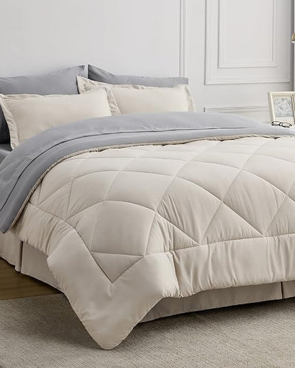 Bedsure Beige Twin XL Comforter Sets - 5 Pieces Reversible Twin XL Bedding Sets, Bed Sets Comforters, Sheets, Pillowcase & Sham, Grey XL Twin Bed in a Bag for College - LeafyLoom