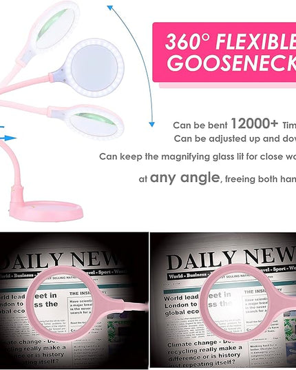 5X Magnifying Lamp，Lighted Magnifying Glass with Light and Stand Hands Free, Desk Magnifying Light, LED Magnifier Work Lamp for Women, Ladies, Kids Reading. - LeafyLoom