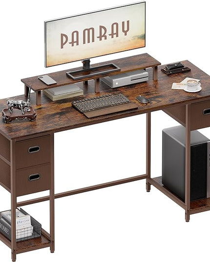 Pamray 55 Inch Computer Desk with Non-woven Storage Drawers and Monitor Stand Home Office Desk for Bedroom Study Table Writing and Work Desk Vintage - LeafyLoom