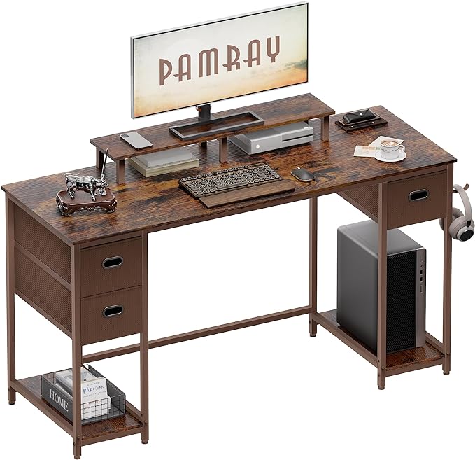 Pamray 55 Inch Computer Desk with Non-woven Storage Drawers and Monitor Stand Home Office Desk for Bedroom Study Table Writing and Work Desk Vintage - LeafyLoom