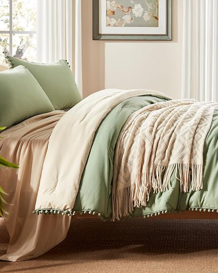 Anluoer Queen Comforter Set 7 Piece, Sage Green Bed in a Bag with Sheets, Pom Pom Boho Bedding Comforter Sets with 1 Comforter, 2 Pillow Shams, 2 Pillowcases, 1 Flat Sheet, 1 Fitted Sheet - LeafyLoom
