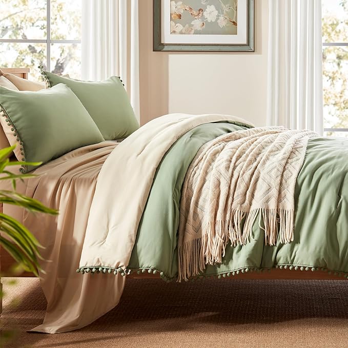 Anluoer Twin Comforter Set 5 Piece, Sage Green Bed in a Bag with Sheets, Pom Pom Boho Bedding Comforter Sets with 1 Comforter, 1 Pillow Sham, 1 Pillowcase, 1 Flat Sheet, 1 Fitted Sheet - LeafyLoom