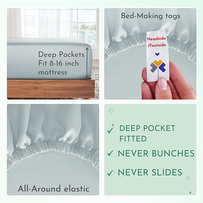 California Design Den Luxury King Size Sheet Set - 100% Cotton, 600 Thread Count Deep Pocket King Sheets, Hotel-Quality Bedding with Sateen Weave - Seafoam - LeafyLoom