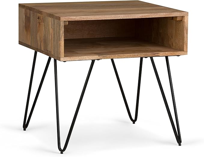 SIMPLIHOME Hunter Solid Mango Wood and Metal 22 inch wide Square Mid Century Modern End Side Table in Natural with Storage, 1 Shelf, for the Living Room and Bedroom - LeafyLoom