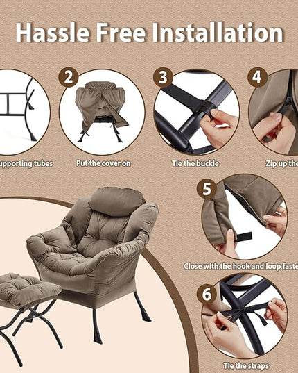 Lazy Chair with Folding Ottoman, Accent Chair Velvet Upholstered with Metal Structure and Non-Slip Pads, Sofa Armchair with Footrest and Side Storage Bag for Dorm, Room, Office, Dark Gray - LeafyLoom