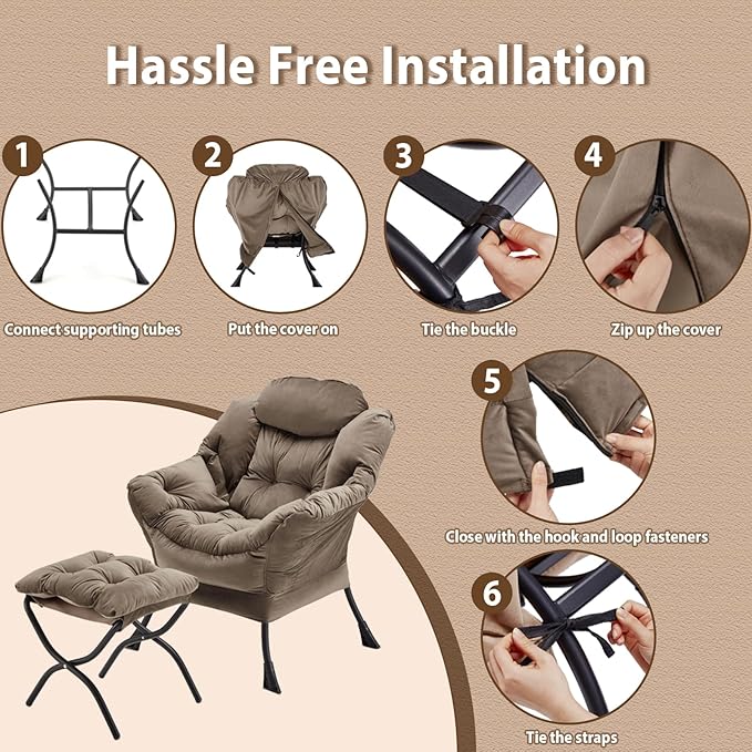Lazy Chair with Folding Ottoman, Accent Chair Velvet Upholstered with Metal Structure and Non-Slip Pads, Sofa Armchair with Footrest and Side Storage Bag for Dorm, Room, Office, Dark Gray - LeafyLoom