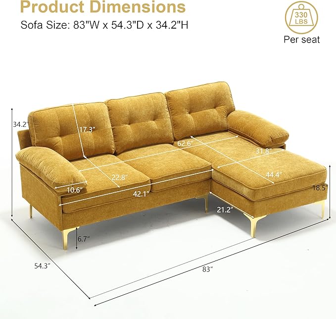 L Shaped Convertible Sleeper Sectional Sofa with Reversible Chaise, 3 Seater Corner Couch Bed with Detachable Pillow Armrest and Golden Metal Legs for Living Room Apartment Small Space - LeafyLoom