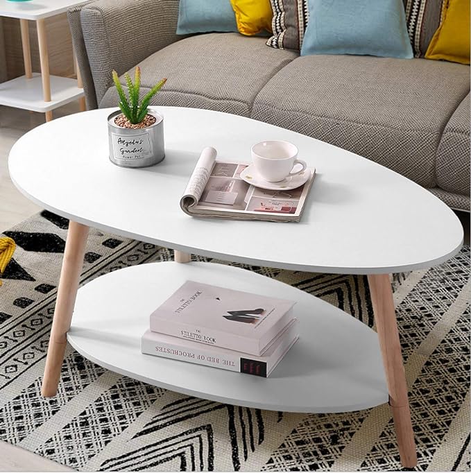Maupvit Coffee Table-Oval Wood Table with Open Shelving for Storage and Display 2 Tier Sofa Table, Small Modern Furniture Living Room&Home Office-White - LeafyLoom