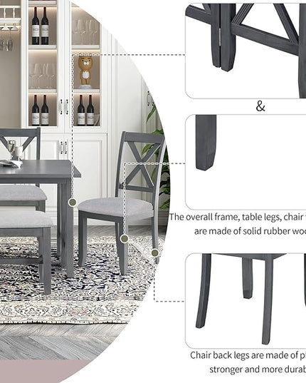Dining Table Set for 6, 6-Piece Foldable Dining Room Set, Solid Wood Foldable Table and 4 Chairs with Bench for Dining Room, Living Room, Grey - LeafyLoom